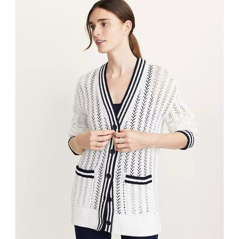 Loft Lou & Grey Tipped Mesh V Neck Pocket Cardigan Size Small New